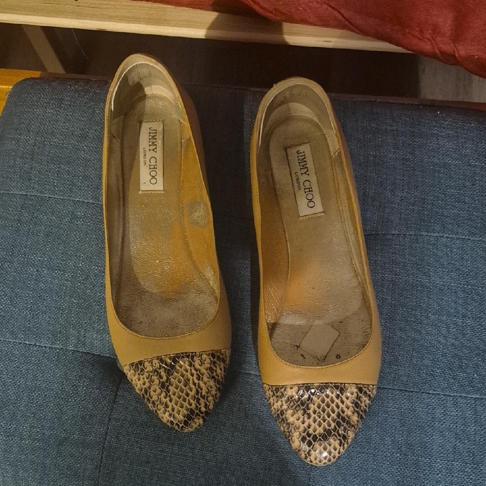 Jimmy Choo Tan and Brown Flats with Snakeskin Detail